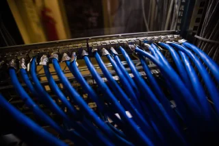 Close-up of rack mounted server with control lights