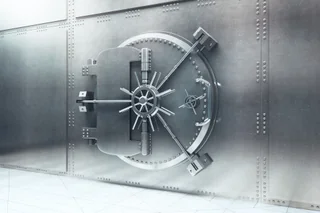 Closed steel bank vault door